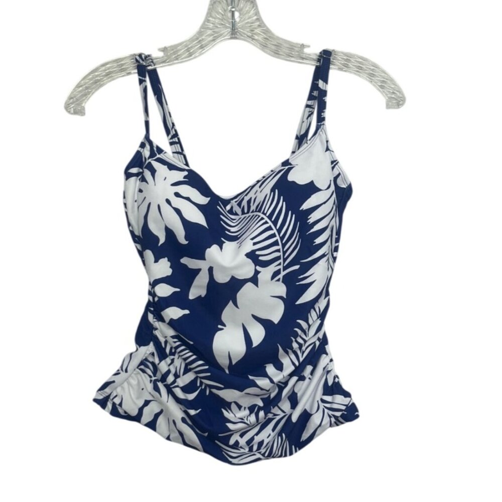 Eomenie Tropical Print Tankini Top Swim‎ Womens Small Blue White New Adjustable